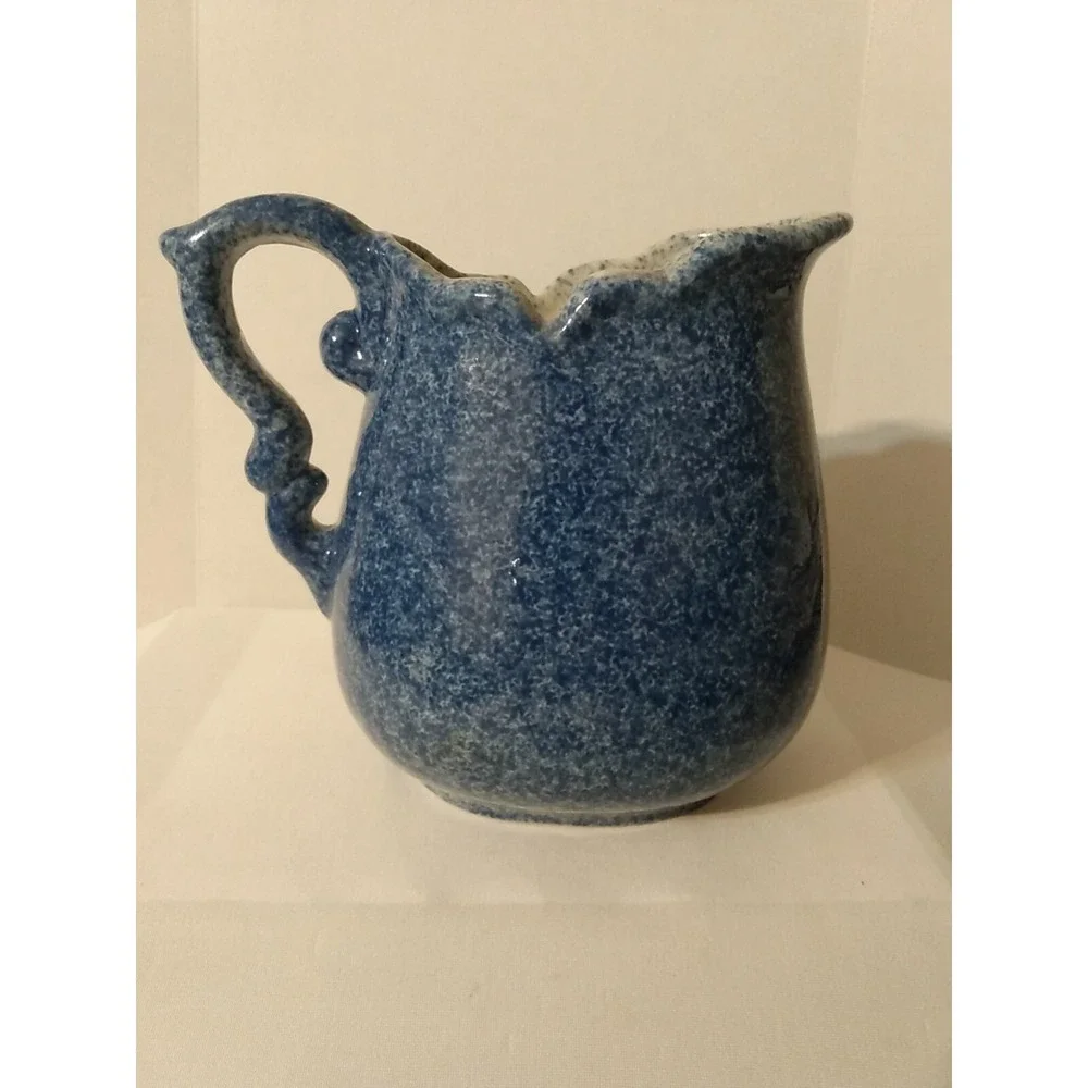 Blue Spongeware Calico China Pitcher with Pig Speckled Country Farmhouse decor
